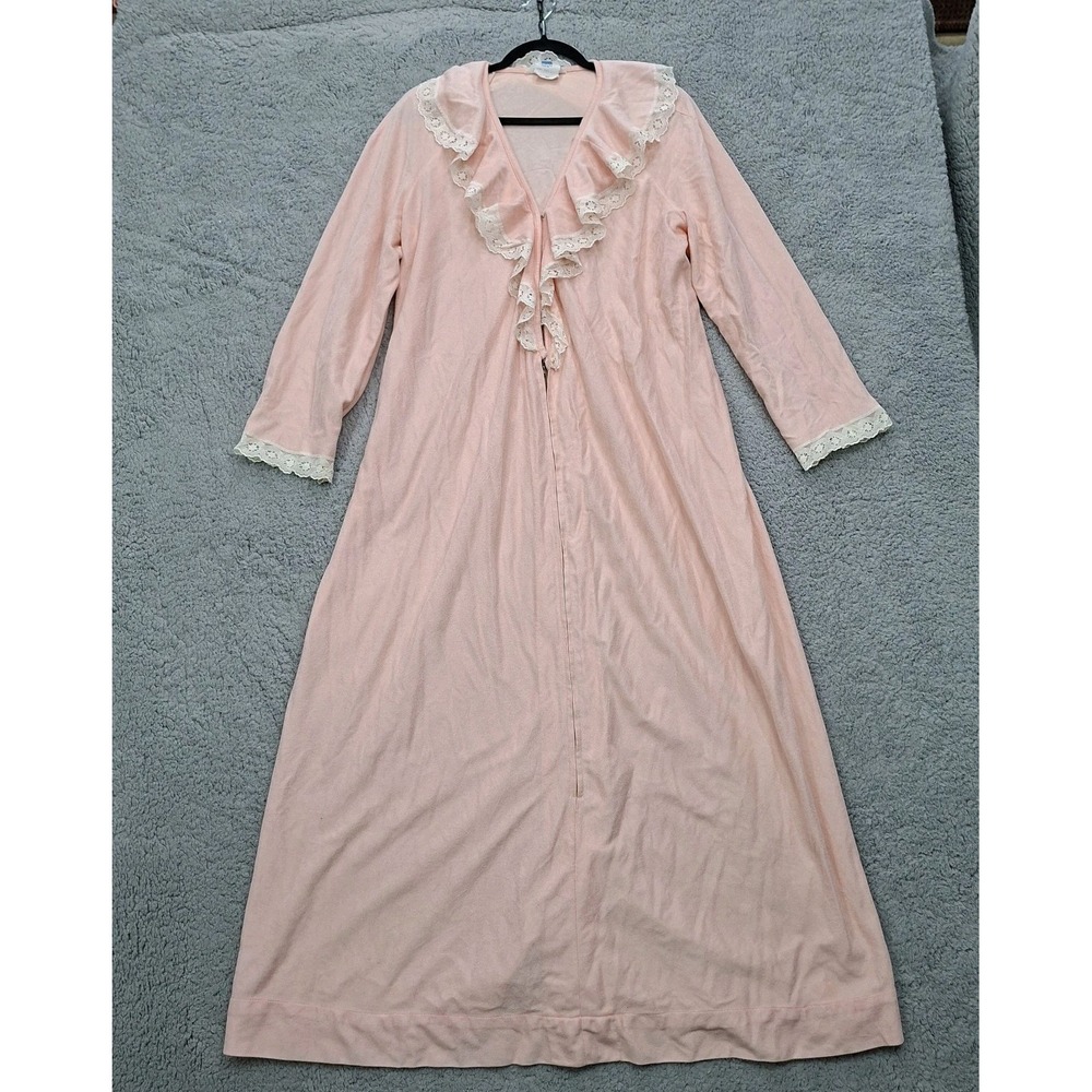 Vintage Sears Pink Flannel Nightgown Womens M Lace Trim Long Sleeve Front Zip
